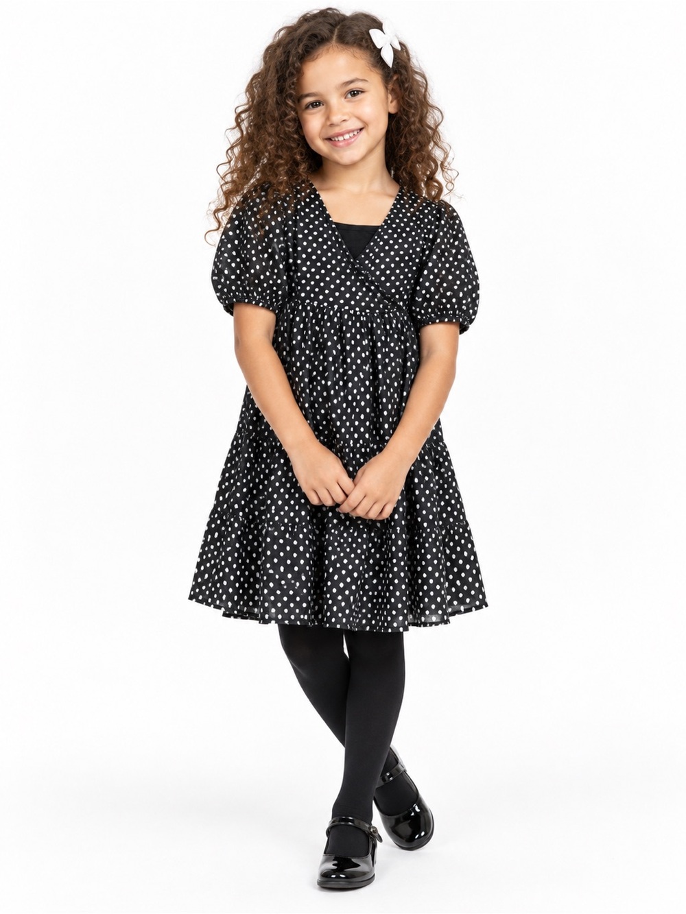 Zara Kids Black Silver Metallic Dot Tiered Wrap Dress Size 8⁠